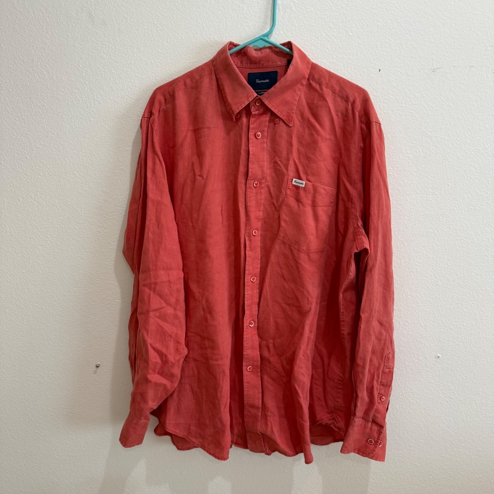 Faconnable Classique Mens XL Coral Red 100% Linen Long Sleeve Button Down Shirt
